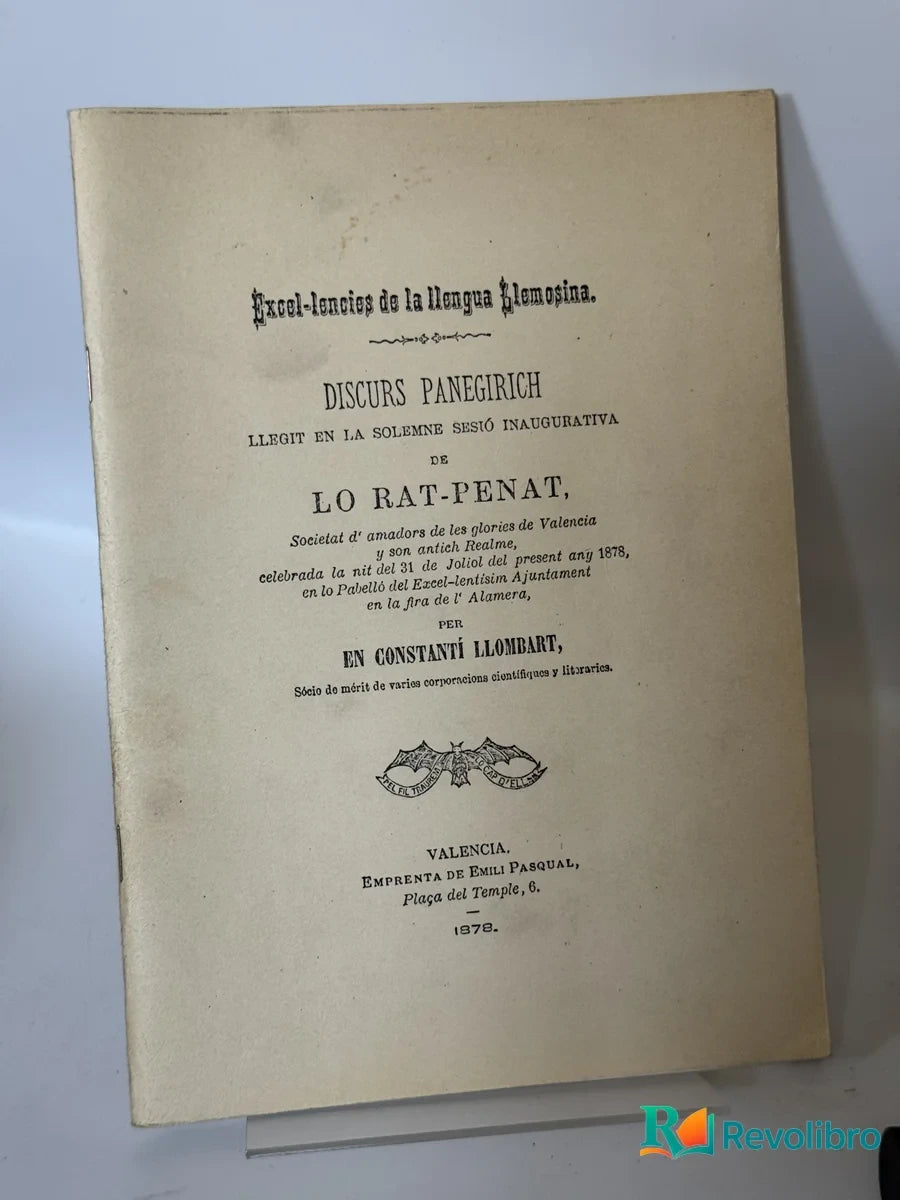 Portada de Discurs panegirich llegit en la solemne sesió inaugurativa de Lo Rat-Penat de Constantí Llombart, libro de segunda mano