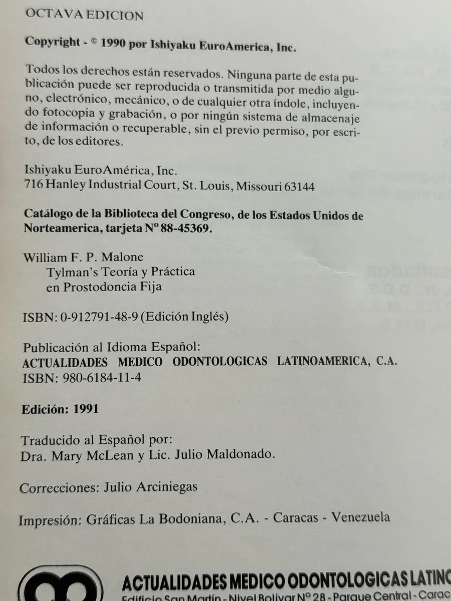 Foto 3 de Tylman's, teoría y práctica en prostodoncia fija de William F.P. Malone, libro de segunda mano