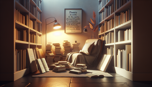 Imagen destacada: A modern poetry scene featuring books by contemporary poets, a cozy reading nook with light streaming in, and a stack of poetry books including titles by Sagrario Pinto and Federico García Lorca.