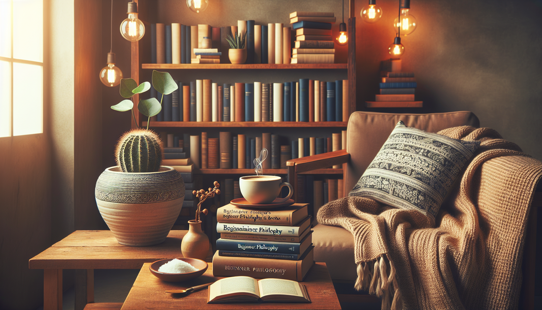 Imagen destacada: A cozy reading corner with a stack of beginner philosophy books, a cup of coffee, and a warm blanket, inviting and serene atmosphere.