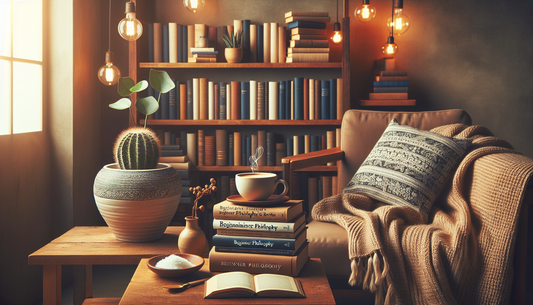 Imagen destacada: A cozy reading corner with a stack of beginner philosophy books, a cup of coffee, and a warm blanket, inviting and serene atmosphere.