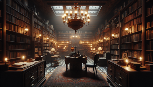 Imagen destacada: A dark, mysterious library filled with classic noir novels, dim lighting, and a vintage feel, showcasing the essence of the noir genre.