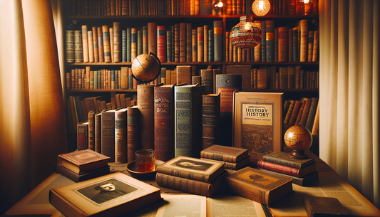 Imagen destacada: A collage of impactful history books from the 20th century, including titles by Winston Churchill, Eric Hobsbawm, and Norman Mailer, with a vintage and scholarly aesthetic.