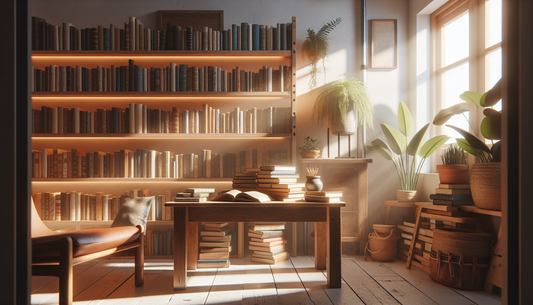 Imagen destacada: A cozy reading nook with second-hand books stacked on a wooden shelf, sunlight streaming through a window, inviting atmosphere.