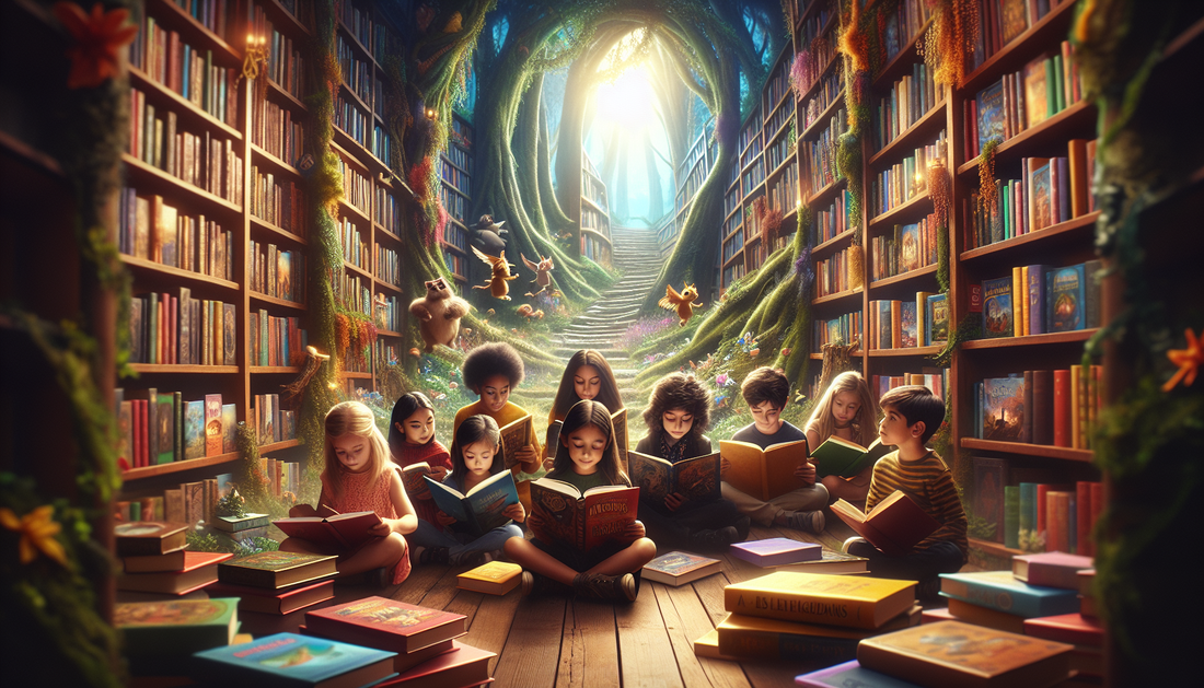 Imagen destacada: A colorful illustration of children reading adventure books in a magical forest setting, with various book covers visible around them.