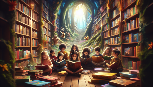 Imagen destacada: A colorful illustration of children reading adventure books in a magical forest setting, with various book covers visible around them.