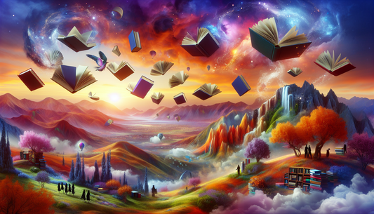 Imagen destacada: A colorful illustration showing elements of magical realism in literature, such as books floating in the air, surrounded by vibrant landscapes and surreal characters.