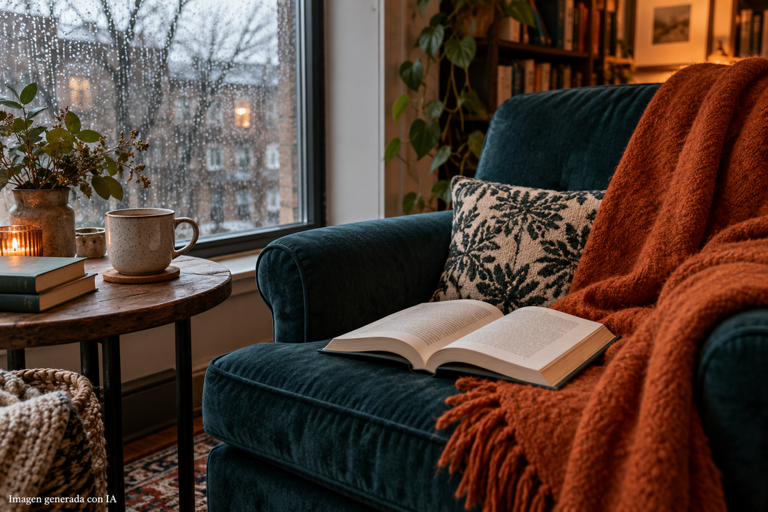 Libro abierto, taza y manta junto a una ventana lluviosa; escena generada con IA.