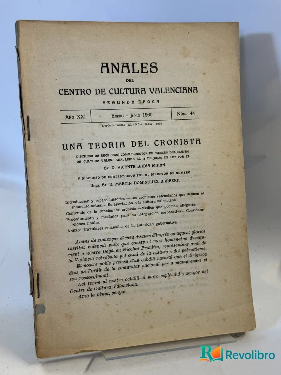 Portada de Anales del Centro de Cultura Valenciana de D. Vincent Bardín Almela, libro de segunda mano