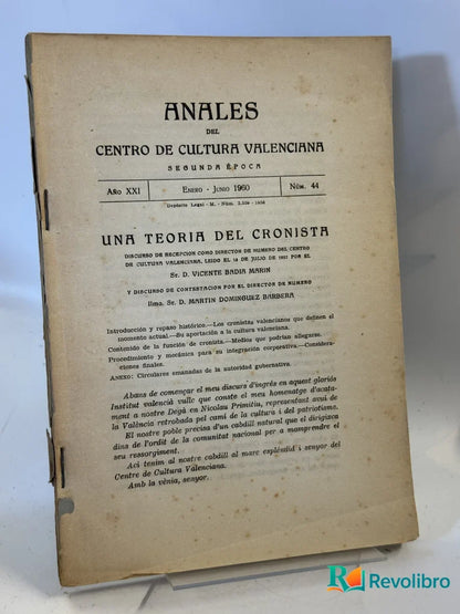 Portada de Anales del Centro de Cultura Valenciana de D. Vincent Bardín Almela, libro de segunda mano