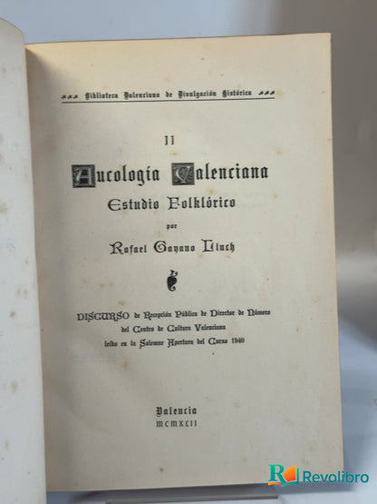 Portada de Aucología Valenciana de RAFAEL GANANO LLUCH, libro de segunda mano