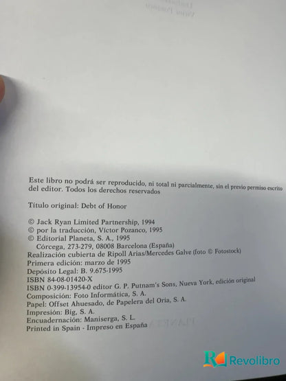 Foto 4 de Deuda de honor - 1ª edición de Tom Clancy, libro de segunda mano
