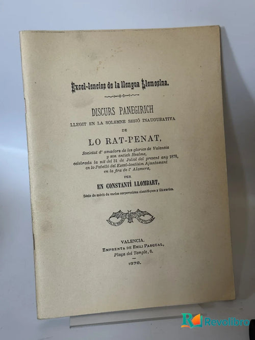 Portada de Discurs panegirich llegit en la solemne sesió inaugurativa de Lo Rat-Penat de Constantí Llombart, libro de segunda mano
