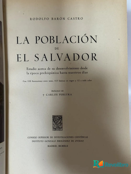 Portada de La Población de el Salvador de Rodolfo Barón Castro, libro de segunda mano