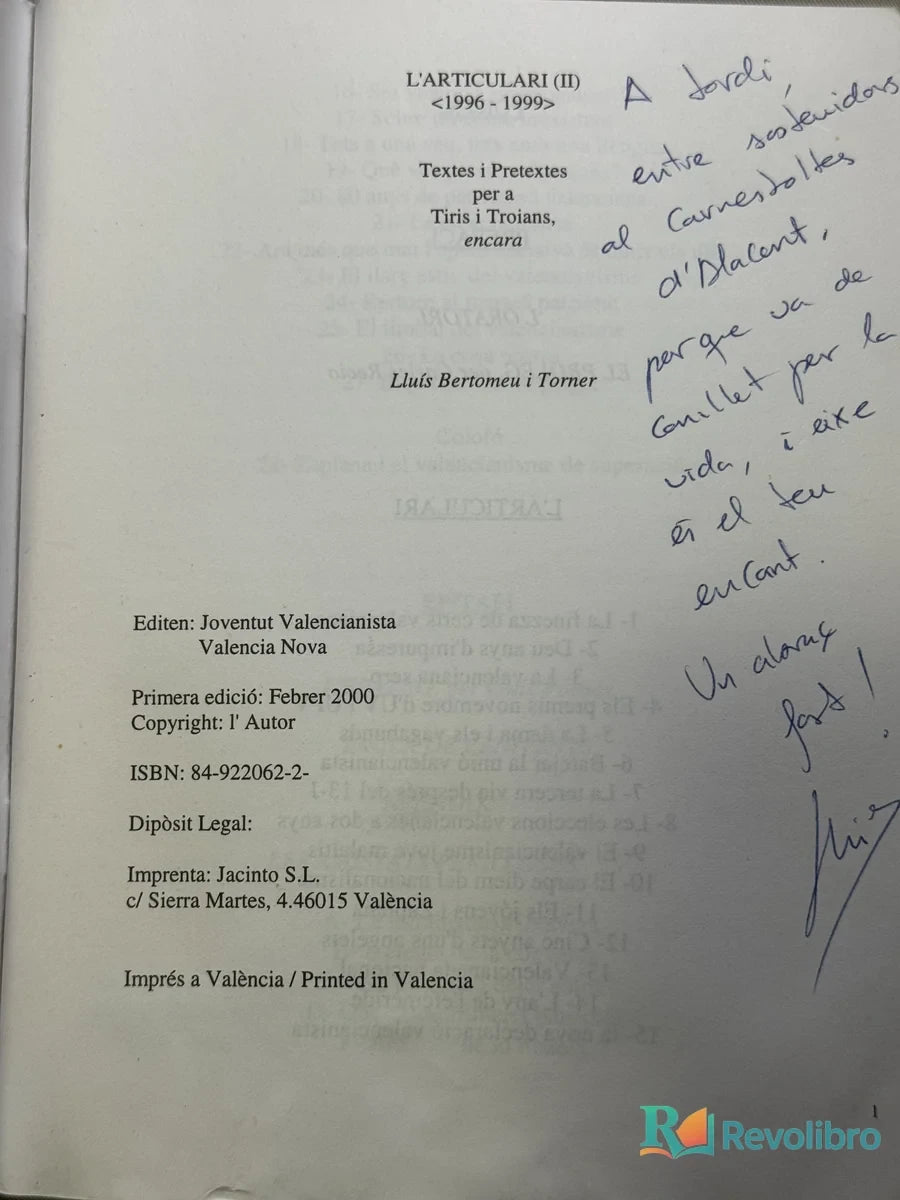 Foto 2 de L'Articulari II (1996-1999) Textos i pretextos per a Tiris i Troians de Lluís Bertomeu i Torner, libro de segunda mano