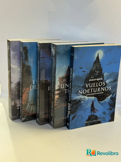 Portada de Lote Mortal Engines COMPLETA + Vuelos nocturnos de Philip Reeve, libro de segunda mano