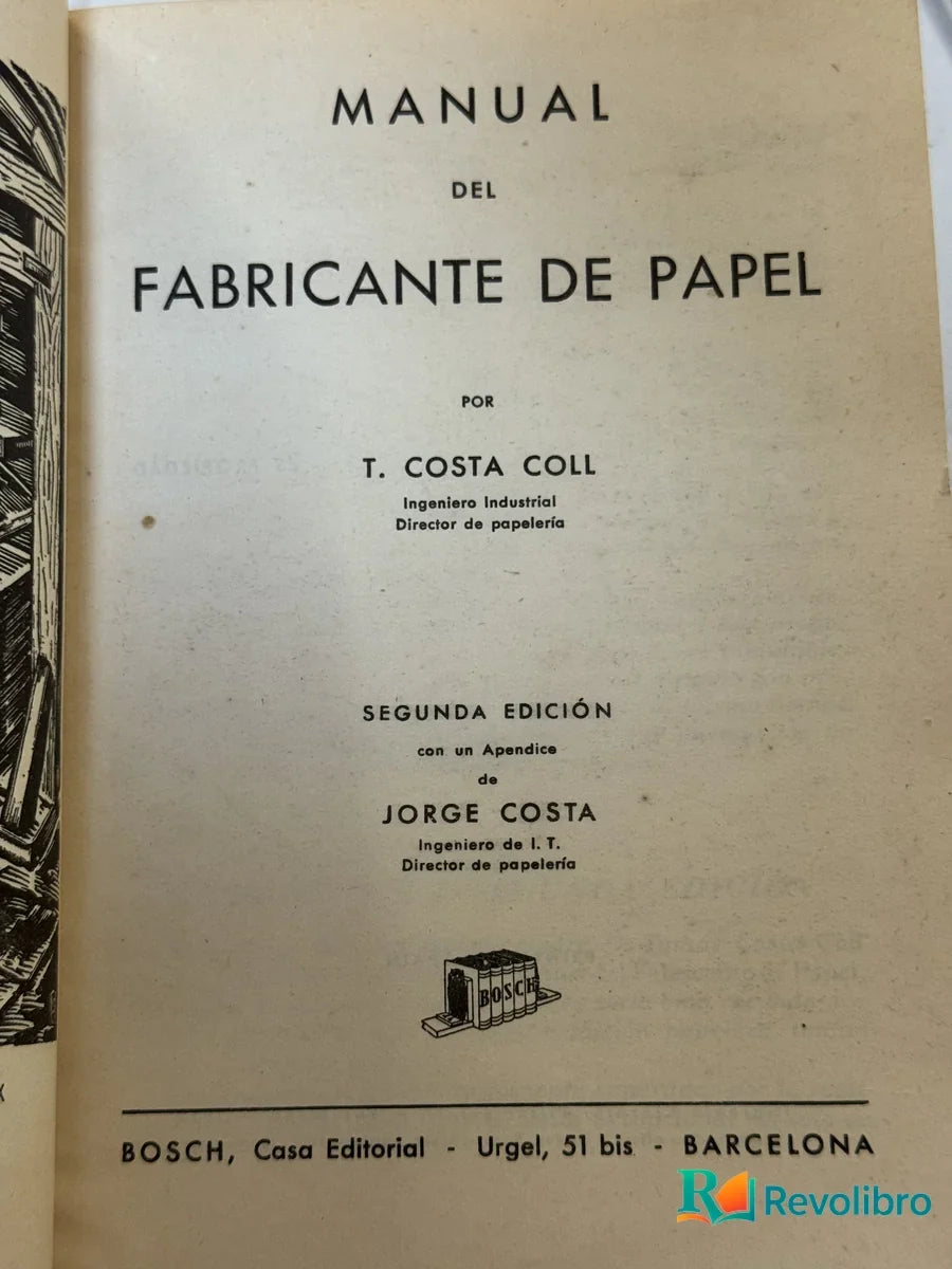 Portada de Manual del Fabricante de Papel de T. Costa Coll, libro de segunda mano