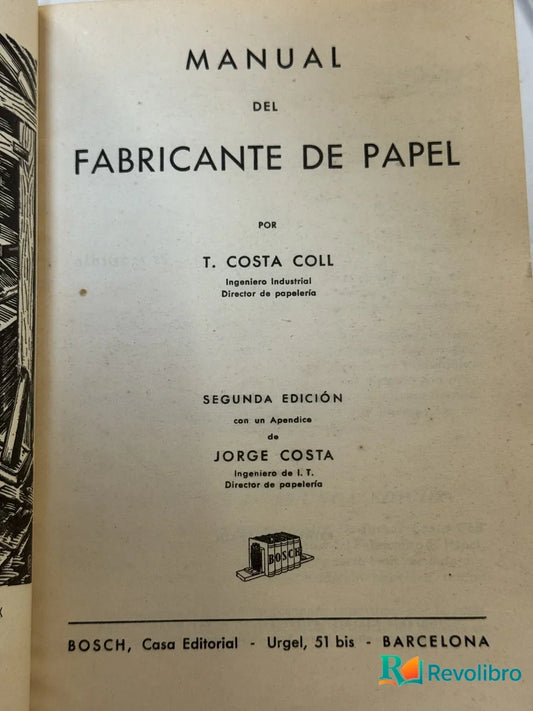 Portada de Manual del Fabricante de Papel de T. Costa Coll, libro de segunda mano