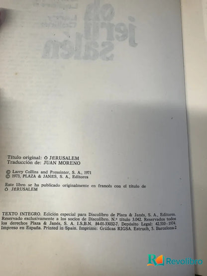 Foto 3 de Oh Jerusalén de Dominique Lapierre, libro de segunda mano