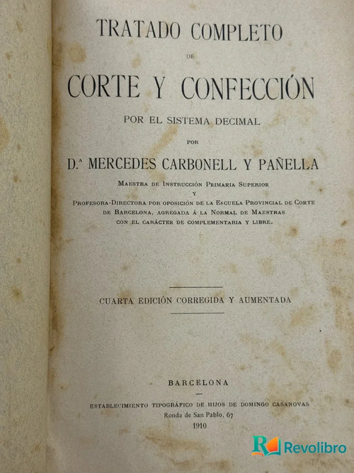 Portada de Tratado Completo de Corte y Confección de D.ª Mercedes Carbonell y Panella, libro de segunda mano